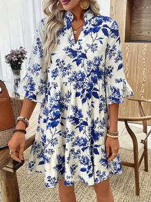 SHEIN LUNE 女士夏季白色底蓝白花卉印花立领七分袖蛋糕裙 - 藍色 - 查看 5