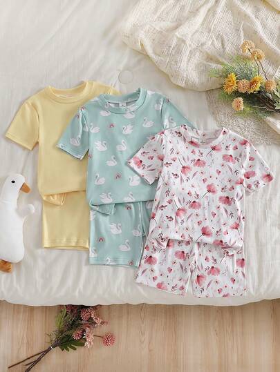 6pcs/Set Young Girl' Casual Cute Cartoon Animal Print Short Sleeve Top And Shorts Pajama Set