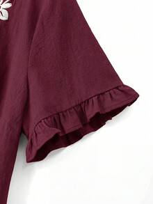 Linhara Plus Size Women Casual Minimalist Countryside Style Small V-Neck, Cotton Embroidered Fashion Ruffle Cuff Loose Blouse - Burgundy - View 7