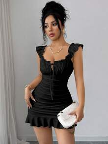 Selianne Vintage Ruffled Hem Bodycon Dress,Black,Summer,70's,Club Night,Party Disco,Elegant French Style Ruffle Waist Minidress For Ladies Date Vacation - Black - View 4
