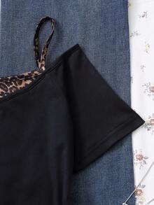 SHEIN Áo thun 2 trong 1 phong cách đường phố cho bé gái, áo thun ngắn tay in họa tiết da báo phối màu tương phản kiểu retro cho trẻ em, phong cách grunge vintage, phong cách Y2K, trang phục xuân/hè cho trẻ em, phong cách nghỉ lễ retro thường ngày cho bé gái, dễ thương, phong cách Y2K, Coconut Girl, phong cách Bohemian, kỳ nghỉ xuân, bữa ăn sáng muộn, màu xanh nhạt, chuyến đi chơi cùng bạn thân, bãi biển neon, phong cách Bohemian, phong cách Hippie, lễ hội âm nhạc, trang phục cần thiết cho mùa hè. - màu đen - Xem 6