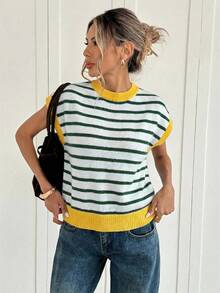 Siren Gaze Blusa de punto casual con mangas de murciélago y patrón de rayas de color block para uso diario - Multicolor - Ver 4