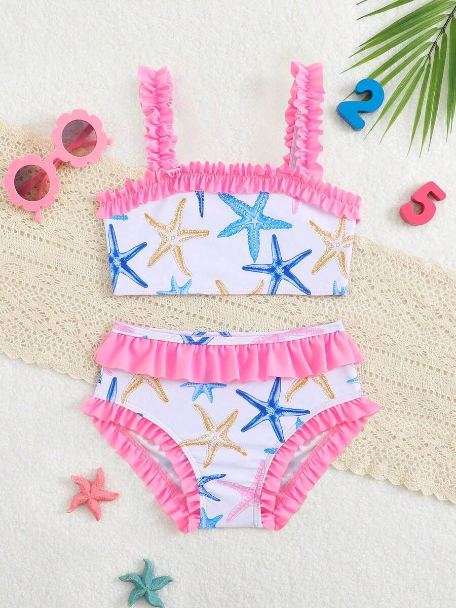 Conjunto de traje de baño con volantes y lazo rosa para niña, bikini con estampado floral, estilo lindo de playa para el verano - Rosa - Ver 1