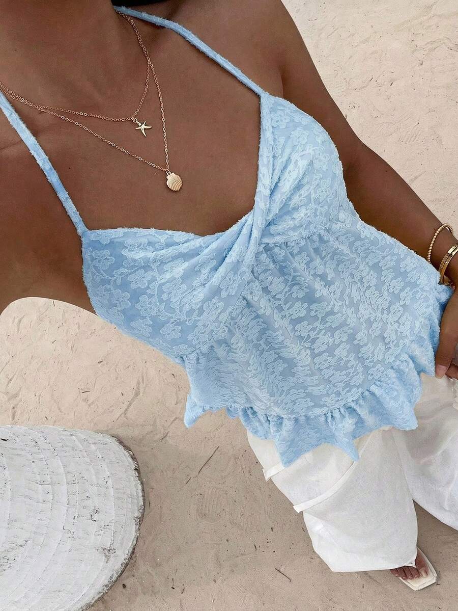 Flirla Maglietta casual versatile da donna con motivo floreale, arricciatura e collo alla halter - Blu - Visualizzare 1