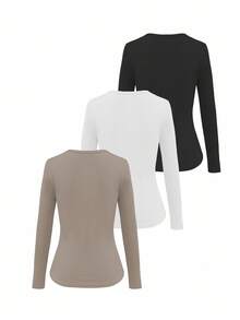 EMERY ROSE 3pcs Women Solid Color Crew Neck Ribbed Long Sleeve Casual T-Shirts Set - Multicolor - View 2