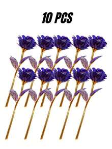 10支仿真玫瑰花，PVC材质，带茎，紫色塑料仿真花，浪漫全息花卉装饰，适用于家居和派对，家居装饰，婚礼礼物，生日礼物，周年纪念礼物，毕业礼物，送给女朋友、母亲、父亲、老师的仿真花束 - 紫色 - 查看 7