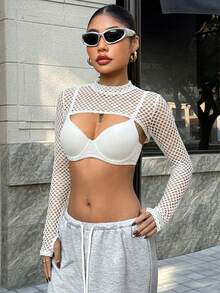 Muchica 纯色透视网眼高领短款紧身上衣 - 白色 - 查看 3