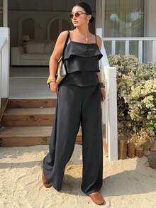 Dazy Plus Spring/Summer Vacation Style Cropped Camisole Top With Ruffle Hem And Casual Pants Set, Plus Size - Dark Grey - View 5