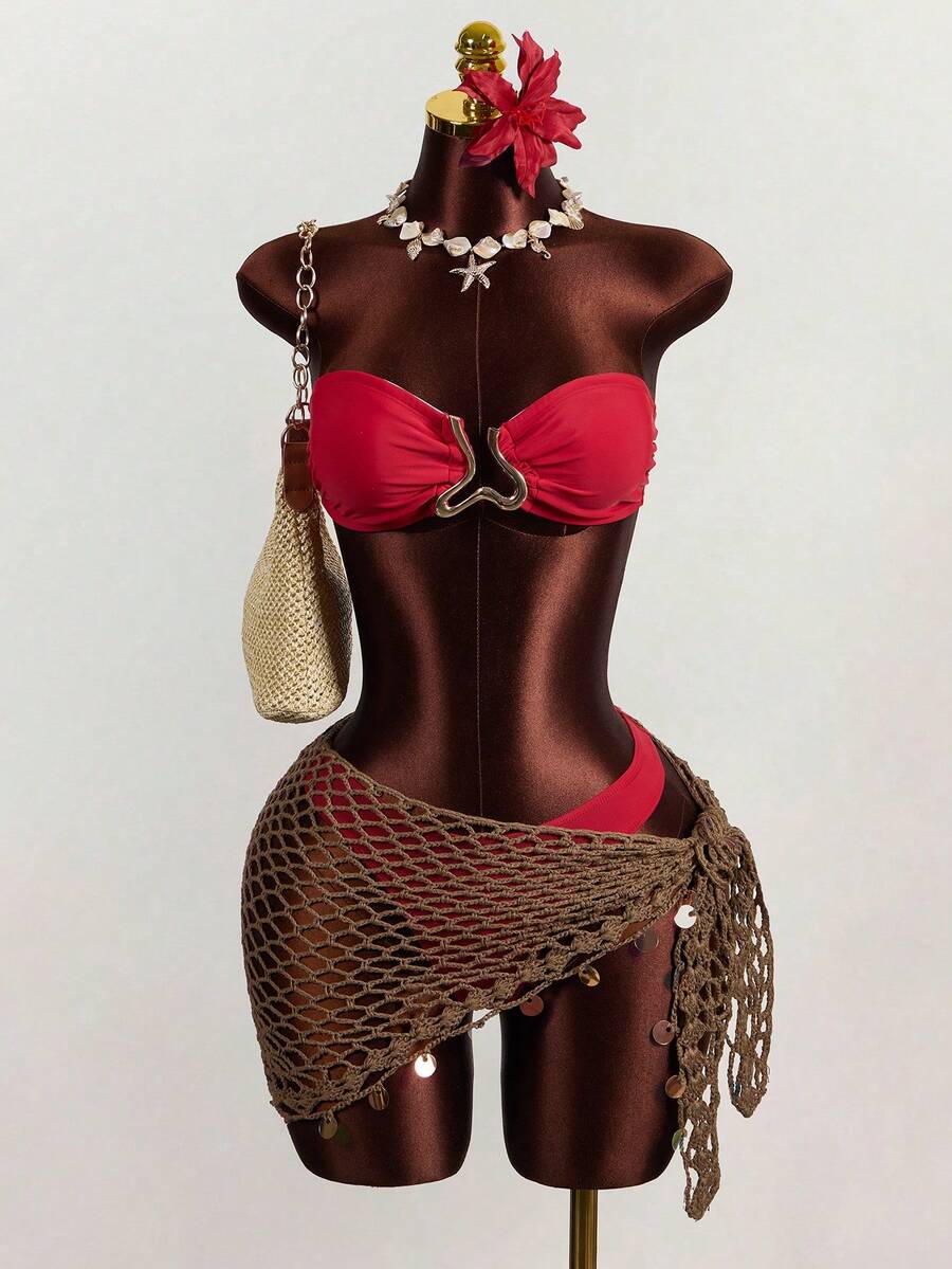 Zestiva Khăn choàng tam giác khoét rỗng bóng bẩy dành cho nữ, thích hợp cho mùa hè. - Màu Khaki - Xem 1