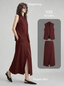 Ontre 2026春夏新款女士两件套，都市风抗皱深灰色西装套装（西装外套和半裙），适合早午餐、音乐节、优雅商务休闲夏季两件套、派对礼服。 - 棕色 - 查看 3