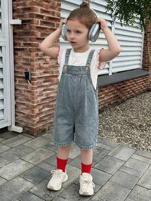 Toddler Girls Distressed Casual Loose Denim Bib Overalls, Cute For Summer - Light Grey - View 3