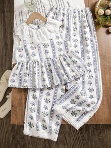 Emery Rose Kids Emery Rose Kids 两件套少女碎花荷叶边休闲上衣和裤子套装，夏季 - 白色 - 查看 2