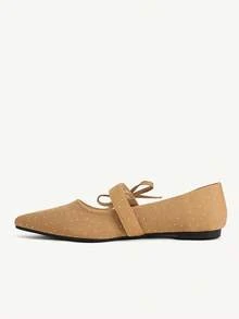 CUCCOO CHICEST Pointed Toe Commuter Rhinestone Embellished Strap Bow Decor Flat Shoes - Rust Brown - View 5