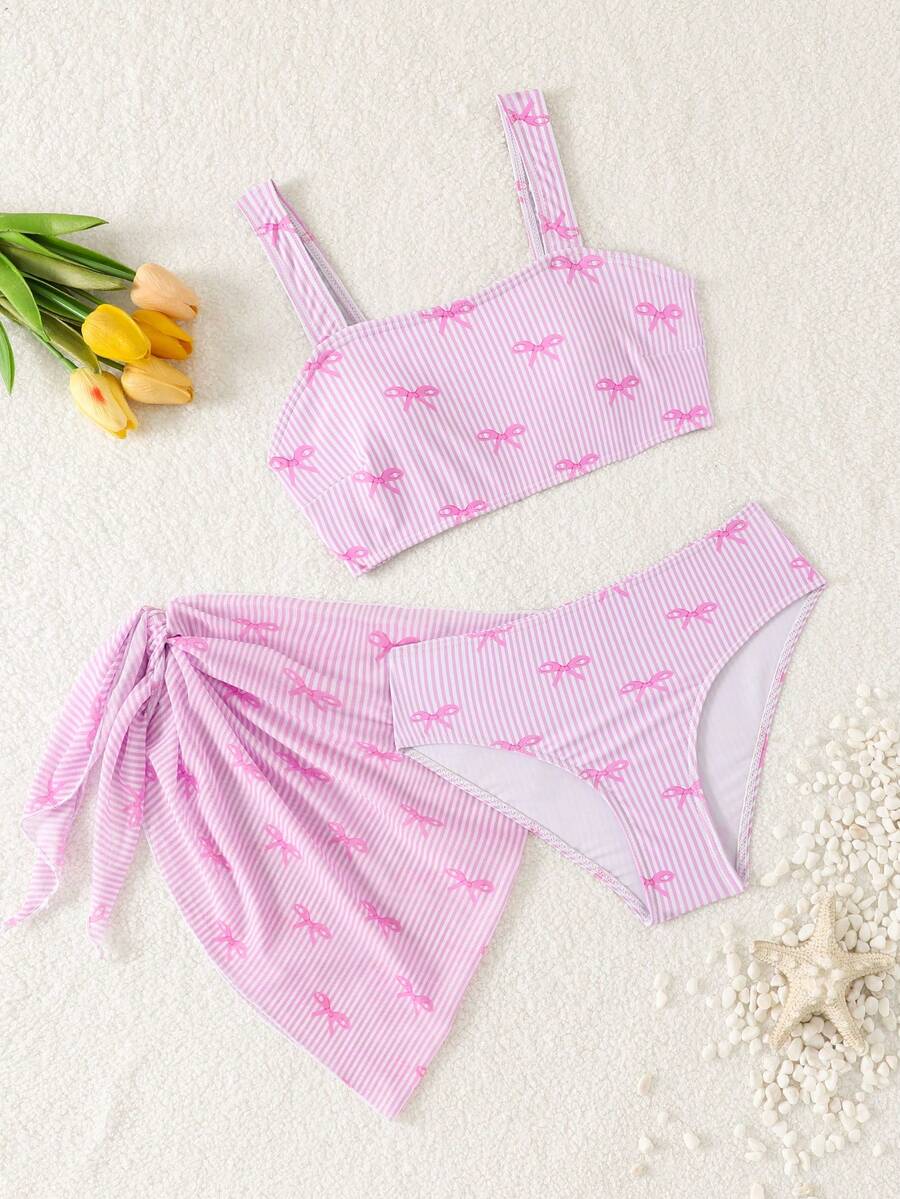 SHEIN 少女三件套泳衣，含裙子，可爱蝴蝶结图案，针织面料，时尚休闲优雅女士风格，适合游泳、度假和夏季穿着。 - 粉色 - 查看 1
