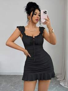 Selianne Vintage Ruffled Hem Bodycon Dress,Black,Summer,70's,Club Night,Party Disco,Elegant French Style Ruffle Waist Minidress For Ladies Date Vacation - Black - View 5