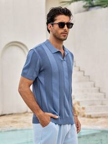 Mercer Haus 男士浅蓝色针织高尔夫上衣，翻领设计，纯色条纹款式，适合在夏威夷享受夏季热带假期。 - 霧霾藍 - 查看 6