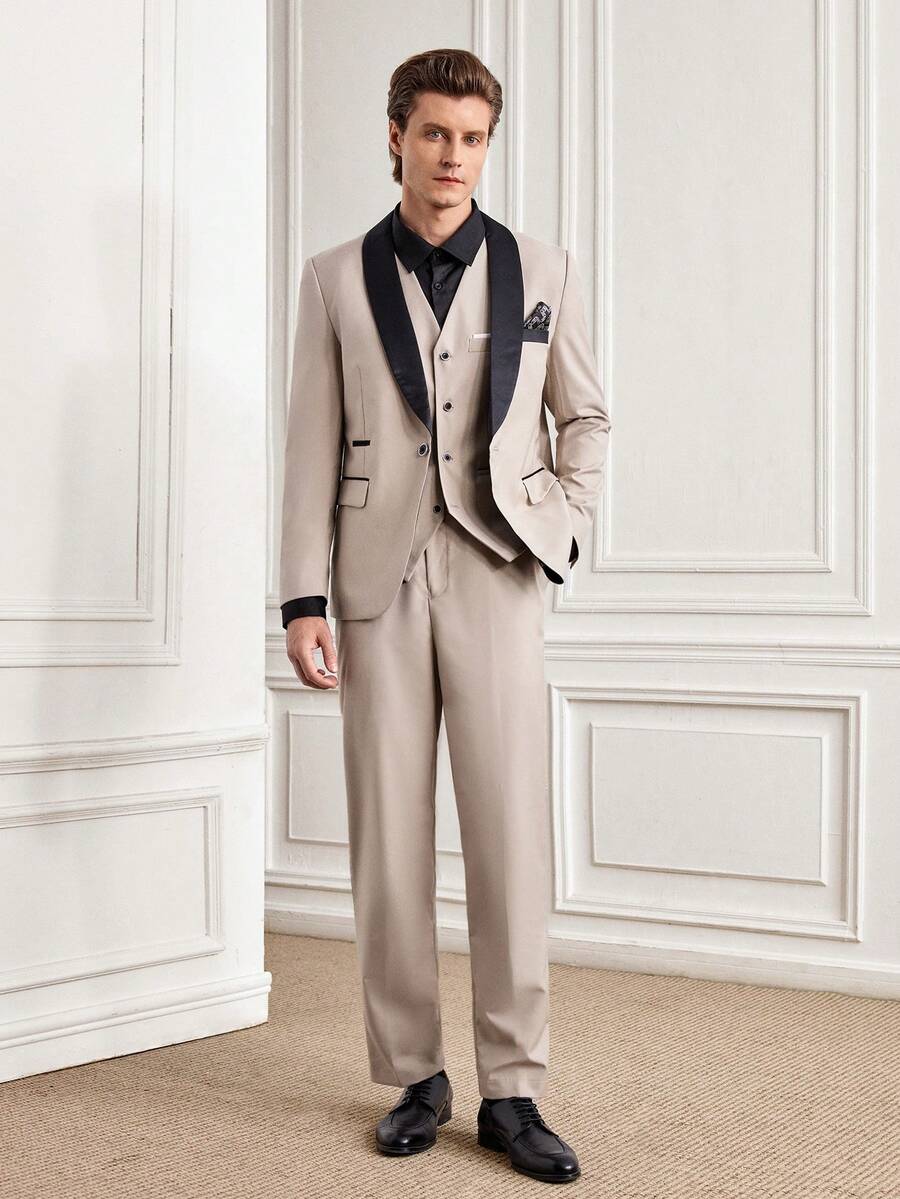 Officeau Men's 3pcs Beige Shawl Collar Luxury Suits, Blazer& Vest& Trousers, Tuxedos For Wedding/ Evening/ Prom/ Party - Beige - View 1