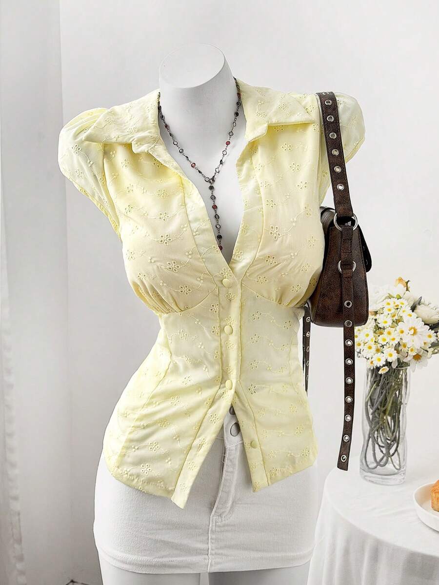 Sweetra Plus Size Fashion Versatile Single-Breasted Embroidered Polo Collar Slim Fit Shirt - Yellow - View 1