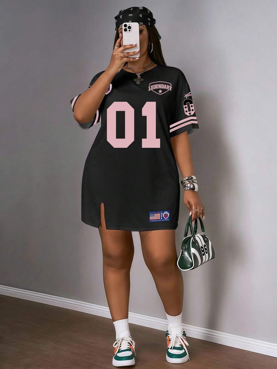 Slaydiva Plus Size Summer Casual Numeric Print Split Hem Dress - Black - View 1