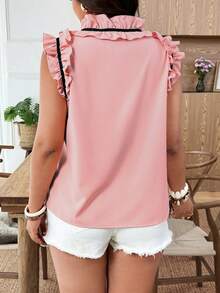 SHEIN LUNE Elegant Vintage French Style Colorblock Ruffle Bow Tie Collar Casual Blouse, Suitable For Work Gym And Vacation, Spring/Summer Brown - Pink - View 2