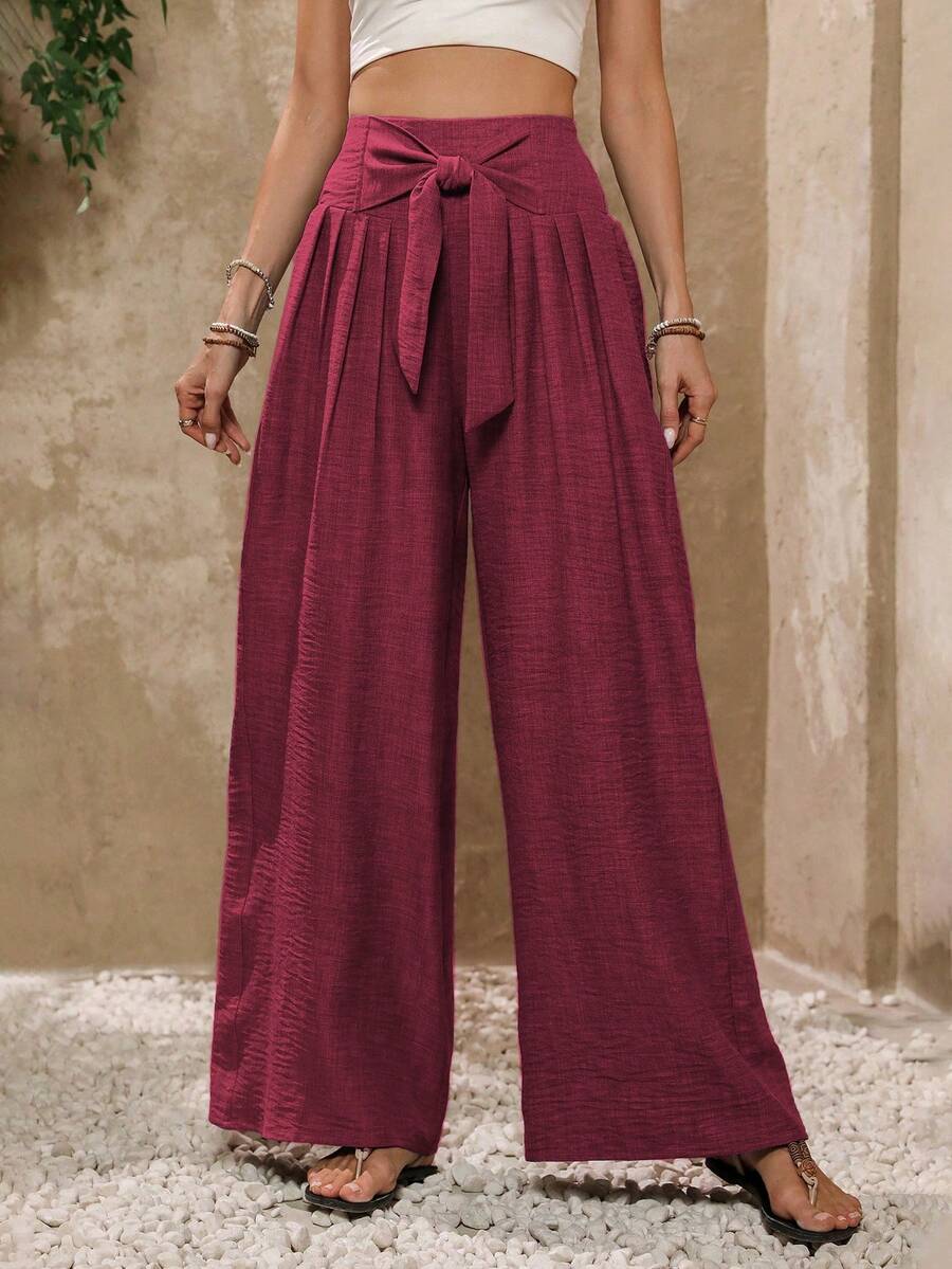 EMERY ROSE Vacation Casual Solid Color High Waist Tie Waist Wide Leg Pants - Maroon - View 1