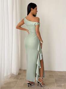 SHEIN PETITE Đầm phù dâu mùa xuân & hè, đầm dự tiệc lệch vai thắt nút xoắn không dây đeo vai gợi cảm xếp ly xẻ cao bèo nhún, đầm lệch vai bèo nhún thanh lịch màu xanh lá cây nhạt - màu xanh lá - Xem 3