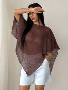 SHEIN PETITE Áo choàng liền thân dệt kim jacquard màu nâu thời trang, đa năng, khoét rỗng, kiểu dáng yếm, cổ yếm, thích hợp mặc đi nghỉ mát, nhẹ nhàng. - Cà phê nâu - Xem 6