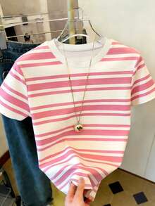 Women's Round Neck Striped Casual Versatile Daily Wear Short Sleeve T-Shirt - Multicolor - View 4