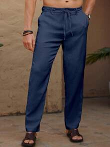 Palmeraft Men's Casual Versatile Solid Color Pants - Navy Blue - View 4