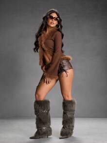 CUCCOO SZL Damknähöga stövlar med spetsiga tå och smala klackar, moderna för höst/vinter - Kaffebrun - Visa 7