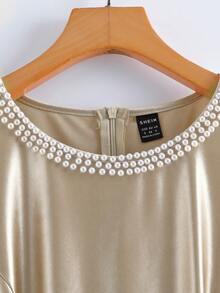 Lyxana Women's Solid Color Faux Pearl Decor Short Puff Sleeve Elegant Dress - Champagne - View 5