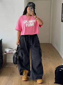 Coolane Áo thun nữ cỡ lớn thêu chữ, vai rớt, dáng rộng, tay ngắn, cổ tròn - Hồng - Xem 5