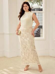 MOTF PREMIUM PLUS SIZE SEQUIN FRINGE SLIT SKIRT, SPRING/SUMMER - Apricot - View 3