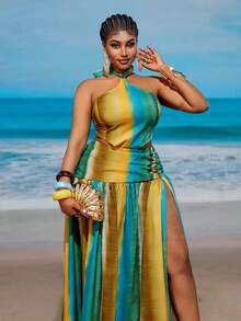 Maweii Plus Size Halter Neck Sleeveless Exotic Vintage Beach Dress - Multicolor - View 3
