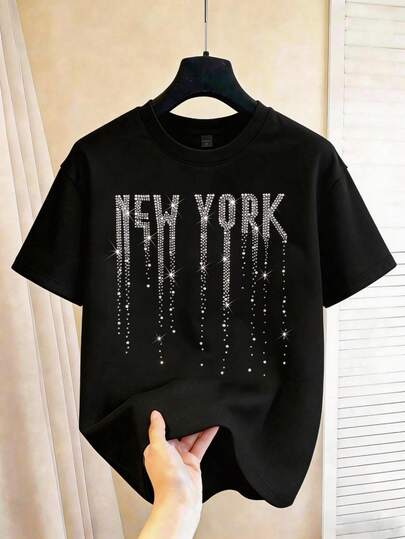 Chillumni Phong cách thời trang đường phố Mỹ, giản dị nhưng sang trọng, áo thun ngắn tay đính đá NEW YORK cao cấp, dáng rộng, in chữ lấp lánh, áo đôi đa năng, áo thun nam.