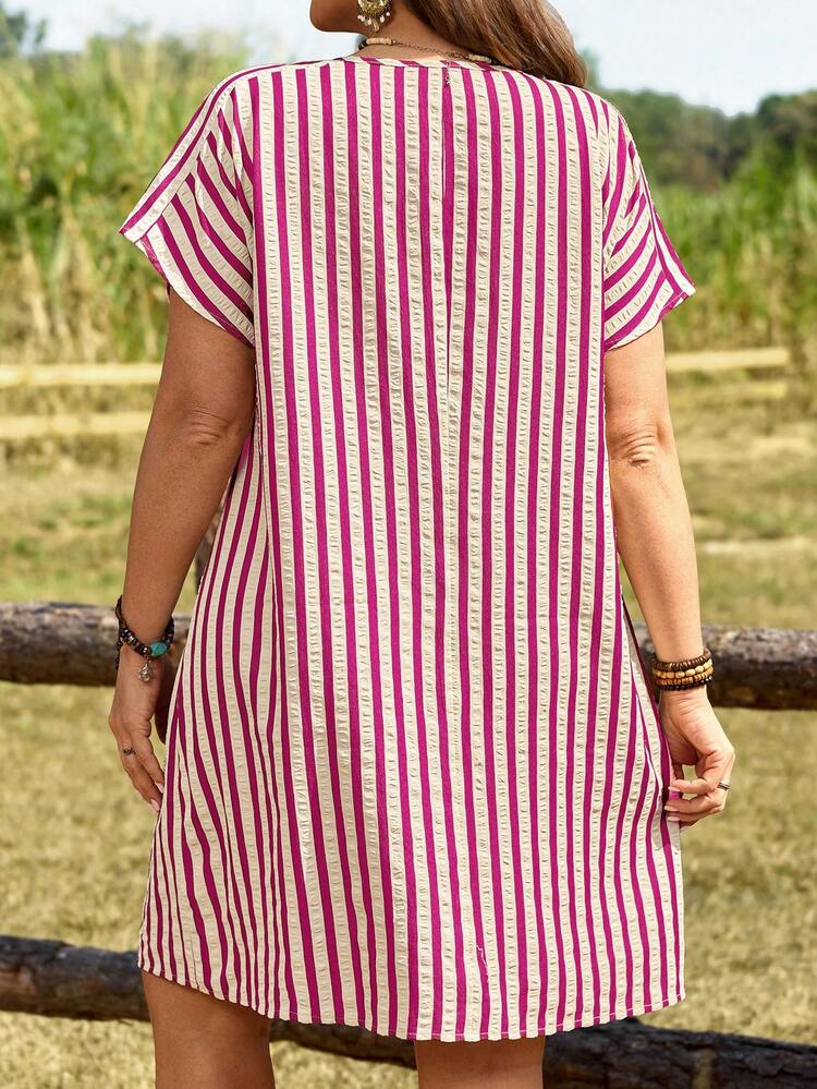 Plus Size Women Striped V-Neck Short Sleeve Casual Loose Dress