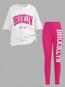 Tween Girls Casual Daily Fashion White T-Shirt Top With Green Letter Print And Green Leggings Set - Hot Pink - View 8