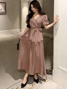 DAZY Bộ đồ 2 mảnh thanh lịch dành cho nữ, gồm áo cổ chữ V có thắt lưng và chân váy chữ A, màu trơn, thích hợp cho mùa xuân/hè. - màu nâu - Xem 4