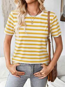 SHEIN LUNE Áo thun tay ngắn cổ tròn dáng rộng, kẻ sọc vàng trắng, phong cách tối giản thường ngày, thích hợp cho mùa hè. - Nhiều màu - Xem 4