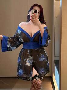 Vibekara Sexy Romantic Printed Waist Cinching Short Dress - Blue - View 3