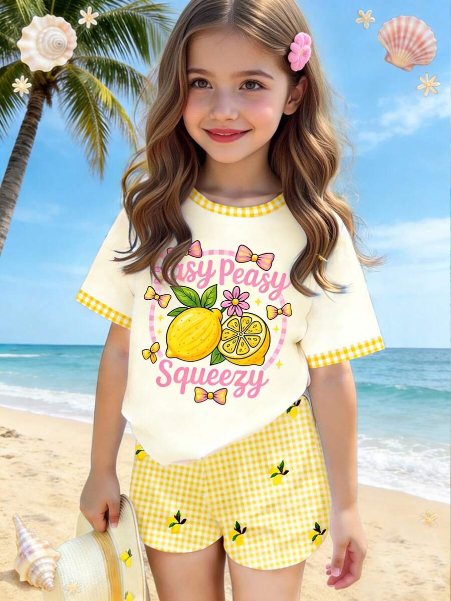 SHEIN 两件套少女夏季套装，可爱甜美图案，柠檬黄，复古沙滩风蝴蝶结柠檬水果印花，青少年休闲简约短袖圆领T恤和短裤，适合日常穿着、街头风、外出、居家、度假、返校、春夏等场合。 - 彩色 - 查看 1