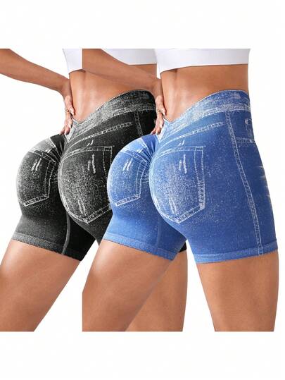 Velisys 2pcs/Set Black & Blue Sports Shorts, Blue Denim Effect V-Waist Seamless Knit Yoga Fitness Workout Shorts