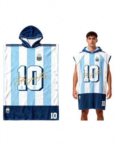 juxingdongli Argentina Football Hooded Towel Robe No.10, Soccer Team Bath Poncho With Hood, Quick Dry Beach Swim Wearable Towel Blanket For Men Women, Oversized Sports Changing Robe 115x75cm Game Day Fan Gift