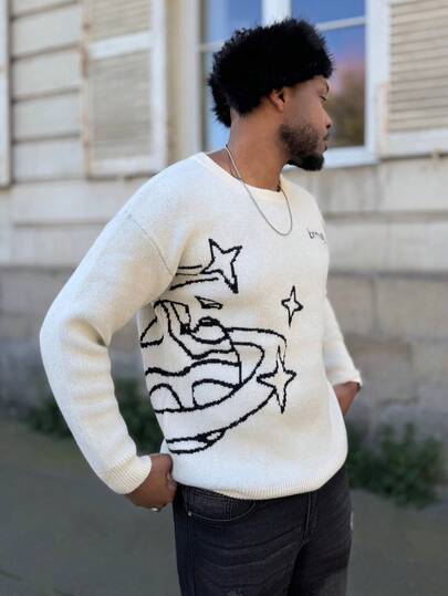 Heavens Edit ANDREILEE 男士休闲宽松白色星形提花图案毛衣，男女通用圆领套头长袖针织衫，适合秋冬季穿着