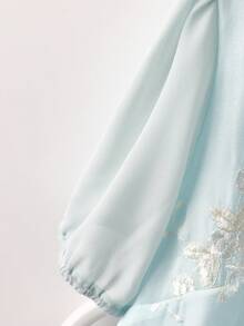 GlowEve CURVE Plus Size Embroidered Tassel Decor Button Cuff Chiffon Embroidered Fabric Elegant Short Sleeve Blouse - Baby Blue - View 3