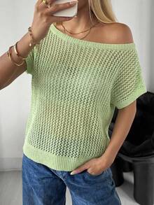 SHEIN EZwear 女士度假休闲纯色镂空肩针织短袖上衣 - 薄荷綠 - 查看 3