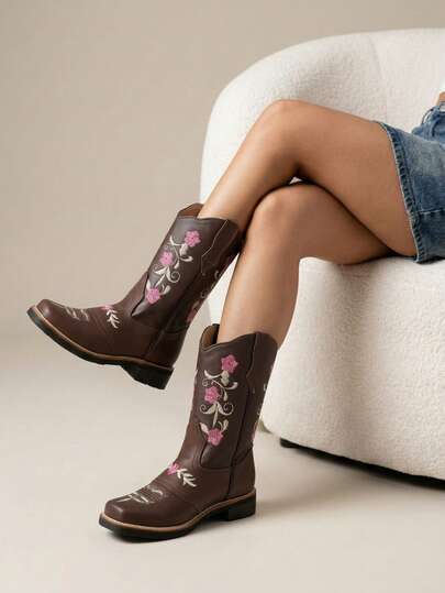 Botas vaqueras en piel genuina para mujer con bordado, punta redonda, sin cordones, tacón bajo, estilo vintage para oficina y fiesta