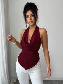 Elenzga Women's 2026 Spring/Summer New Draped Neck Ruched Backless Camisole - Burgundy - View 3