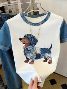 Resyla 女士圆领小狗印花休闲百搭日常短袖T恤 - 彩色 - 查看 3