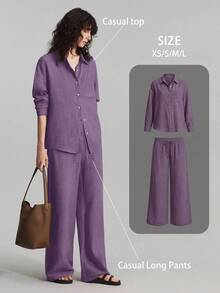 Ontre 2026春夏新款女士两件套，家居服套装，沙滩度假装，长裤+长袖衬衫套装，适合音乐节、派对、商务休闲、办公室等场合，优雅上衣，春夏新款服装 - 紫色 - 查看 3